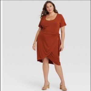 NWT Plus Size Short Sleeve Knit Wrap Dress - Bronze 1X - Ava & Viv